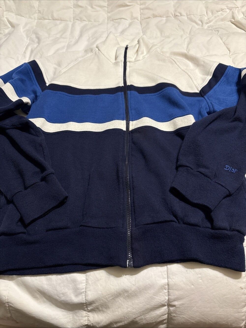 Vintage 80s Christian Dior Blue White Black Colorblock Full Zip Sweater Xl